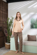 Önden Düğmeli Leopar Desenli Uzun Kollu Pamuklu Kadın Pijama Takımı